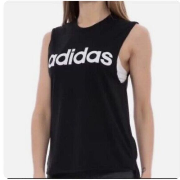 ADIDAS Black Logo Loose Muscle Tank Top Active Work-Out Sz Small - Picture 1 of 15